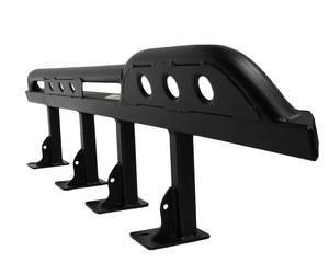 Black metal rock slider with mounting brackets, designed for off-road protection on FJ Cruiser vehicles.