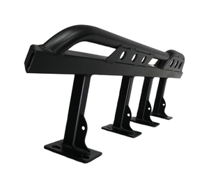 Close-up of black metal rock slider with mounting brackets for FJ Cruiser off-road protection.