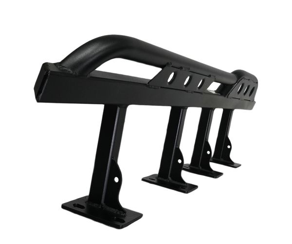 Close-up of black metal rock slider with mounting brackets for FJ Cruiser off-road protection.