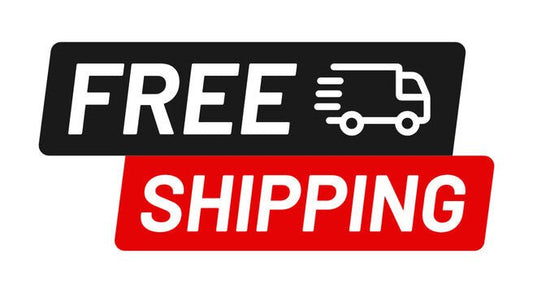 Graphic showing "Free Shipping" text with a delivery truck icon on black and red background.
