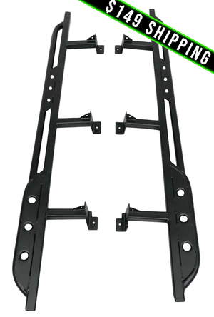 Black metal rock sliders for 2016 Tacoma 4-door long bed, shown flat with mounting brackets visible.
