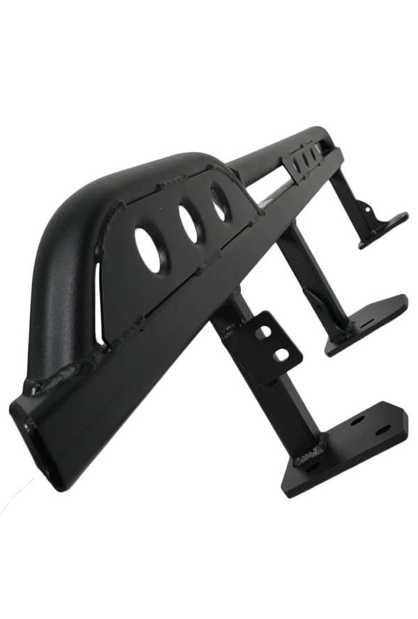 Close-up of black metal trail rock slider with mounting brackets for 2010 4Runner off-road protection.