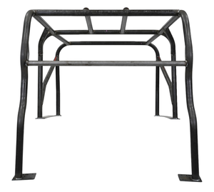 Front view of black steel full-profile roll cage for FJ40 Land Cruiser, showing welded joints and mounting plates.