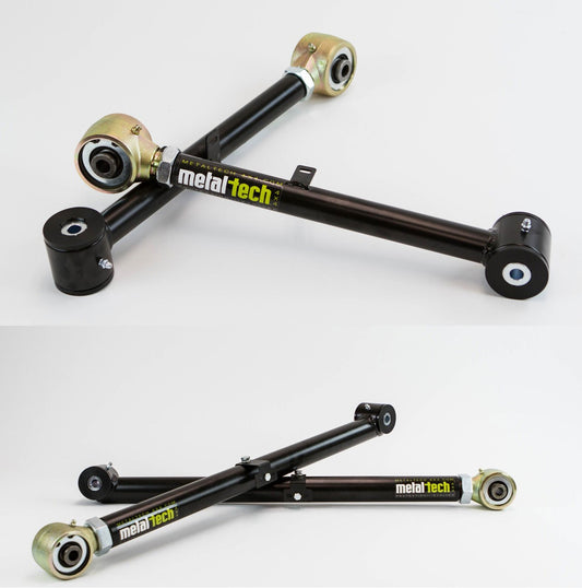 Two black Metal Tech 4x4 rear upper and lower suspension links with gold-toned rod ends, shown on white background.