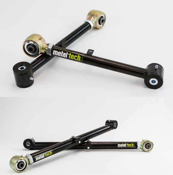 Two black Metal Tech 4x4 rear upper and lower suspension links with gold-toned rod ends, shown on white background.