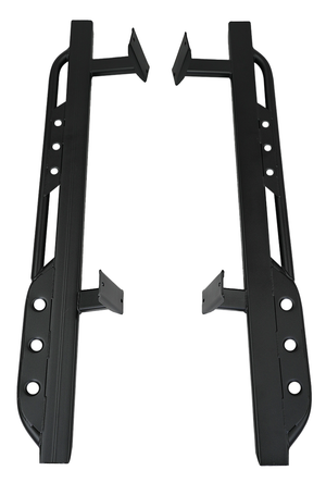 Pair of black steel rock sliders designed for 100 Series Land Cruiser and LX470, shown from top view.