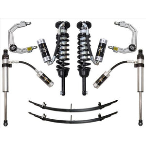 Complete Stage 5 suspension system with coilovers, leaf springs, shocks, and billet upper control arms for 2005-2015 Toyota Tacoma.