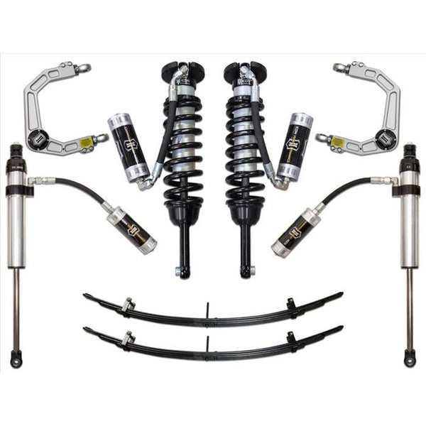 Complete Stage 5 suspension system with coilovers, leaf springs, shocks, and billet upper control arms for 2005-2015 Toyota Tacoma.