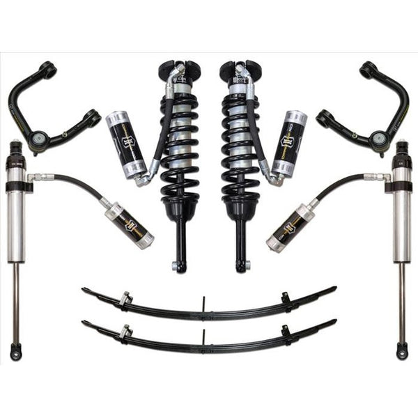 Complete Stage 5 suspension system with tubular upper control arms for 2005-2015 Toyota Tacoma, including shocks and leaf springs.