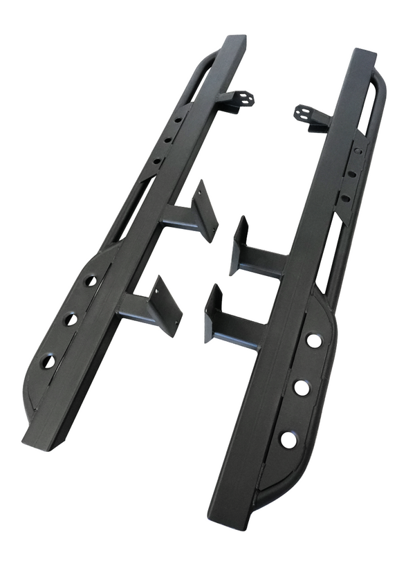 Pair of black metal rock sliders for 2021 Ford Bronco 4-door, shown side by side on white background.