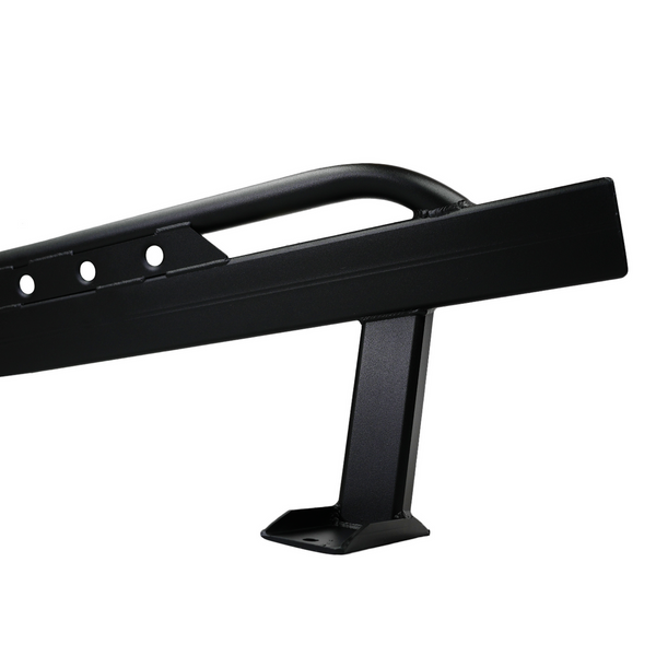 Close-up of black steel rock slider bracket for 100 Series Land Cruiser LX470, showing mounting holes and welds.