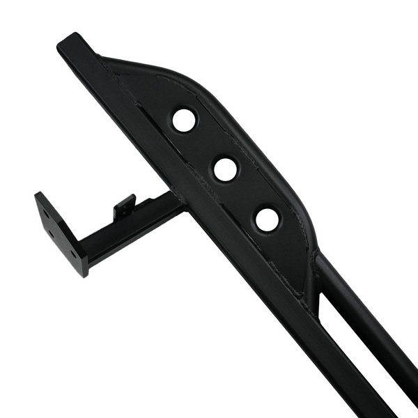 Close-up of black steel rock slider bracket with three mounting holes for 2010-2013 Toyota 4Runner installation.