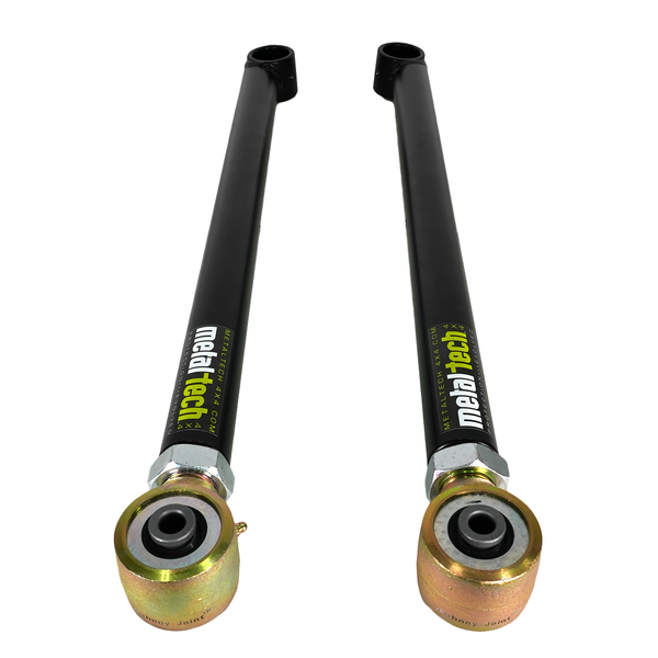 Pair of black Metal Tech 4x4 rear upper and lower suspension links with gold-tone rod ends, isolated on white background.