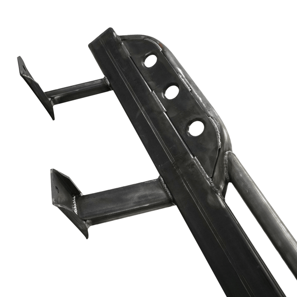 Close-up of black steel rock slider bracket with three mounting holes for 80 Series Land Cruiser LX450.