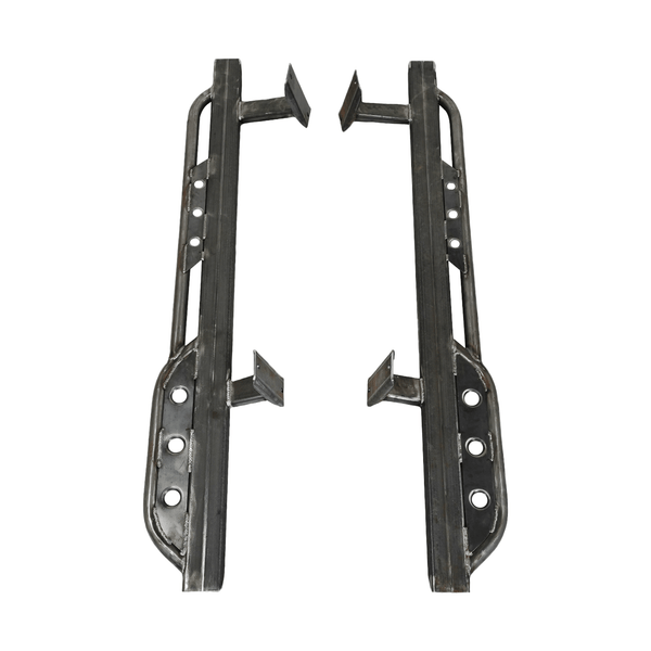 Pair of raw steel rock sliders for 100 Series Land Cruiser LX470, showing mounting brackets and tubular side protection.