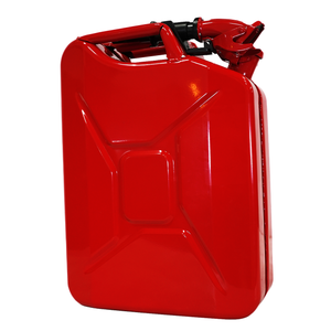 Red metal fuel can with a secure latch and handle, designed for safe fuel storage and transport.