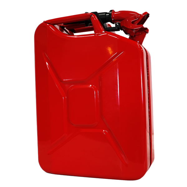 Red metal fuel can with a secure latch and handle, designed for safe fuel storage and transport.