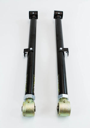 Pair of black Metal Tech rear lower offset links for 200 Series Land Cruiser and LX570, shown on white background.