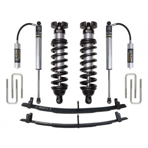 Complete ICON Stage 2 suspension system for 1996-2004 Toyota Tacoma, including shocks, coilovers, leaf springs, and U-bolts.