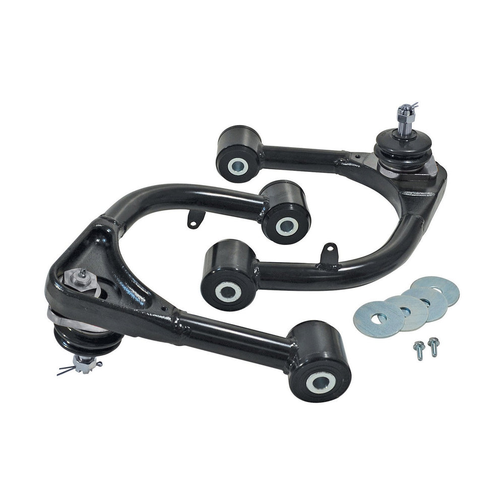 Pair of black upper control arms with bushings and ball joints for 200 Series Land Cruiser, including washers and bolts.
