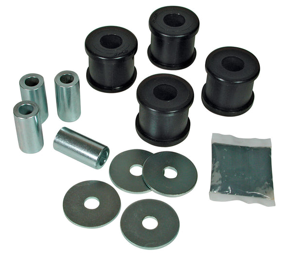 Four black rubber bushings, four metal sleeves, four metal washers, and a small grease packet for replacement kit.