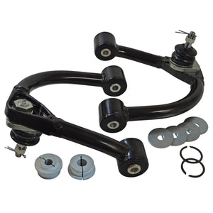 Pair of black upper control arms with bushings, ball joints, and hardware for 2000-07 Tundra and Sequoia suspension upgrade.