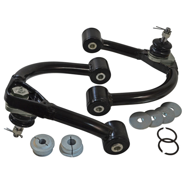 Pair of black upper control arms with bushings, ball joints, and hardware for 2000-07 Tundra and Sequoia suspension upgrade.
