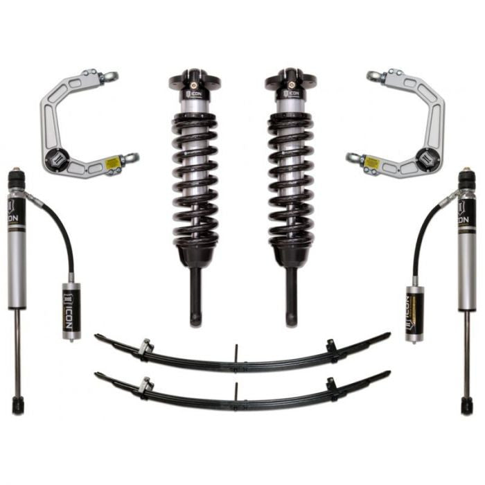 Complete ICON Stage 3 suspension system with coilovers, leaf springs, shocks, and billet upper control arms for 2016+ Toyota Tacoma.
