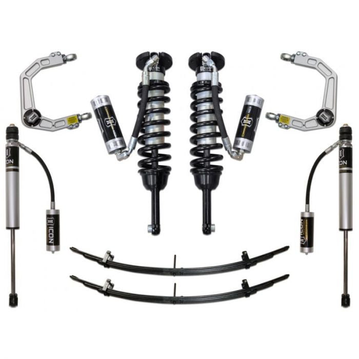 Complete ICON Stage 4 suspension system with coilovers, shocks, leaf springs, and billet upper control arms for 2016+ Toyota Tacoma.