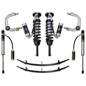 Complete ICON Stage 4 suspension system with coilovers, shocks, leaf springs, and billet upper control arms for 2016+ Toyota Tacoma.