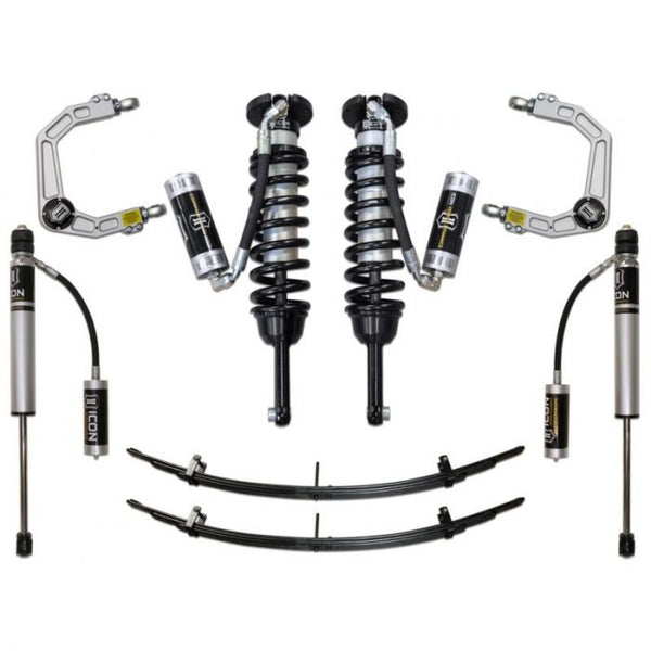 Complete ICON Stage 4 suspension system with coilovers, shocks, leaf springs, and billet upper control arms for 2016+ Toyota Tacoma.