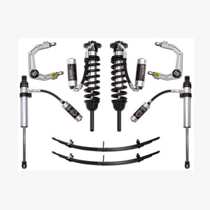 Complete ICON Stage 5 suspension system with coilovers, shocks, leaf springs, and billet upper control arms for 2016+ Toyota Tacoma.