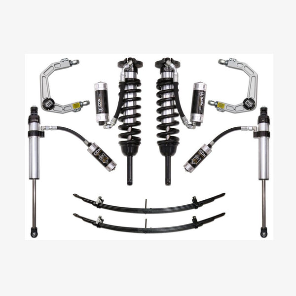 Complete ICON Stage 5 suspension system with coilovers, shocks, leaf springs, and billet upper control arms for 2016+ Toyota Tacoma.
