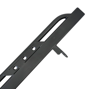 Close-up of black metal rock slider with mounting brackets for 2021 Ford Bronco 4-door, showing scratch and dent detail.