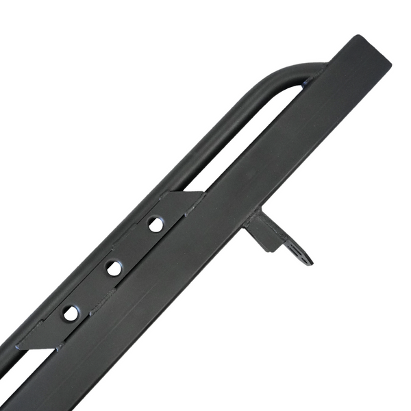 Close-up of black metal rock slider with mounting brackets for 2021 Ford Bronco 4-door, showing scratch and dent detail.