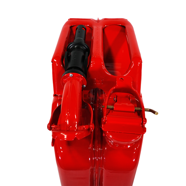 Close-up of a red Wavian fuel can with attached black spout and secure metal latch on white background.