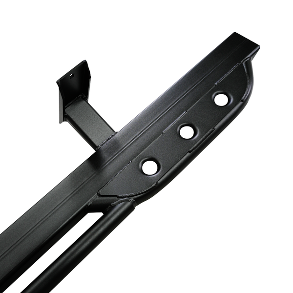 Close-up of black steel rock slider with mounting bracket and three circular holes for 100 Series Land Cruiser LX470.