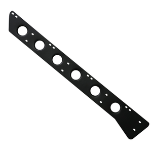 Black metal rock slider bracket for Lexus LX570 with circular cutouts and multiple mounting holes.