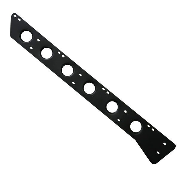Black metal rock slider bracket for Lexus LX570 with circular cutouts and multiple mounting holes.