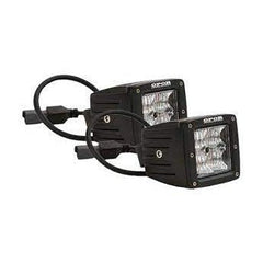 Two black OPOR 20W LED pod lights with square flood beam lenses and attached wiring harnesses.