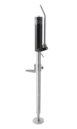 Radflo Hydra JAC-48 hydraulic jack with black pump and silver adjustable base, isolated on white background.
