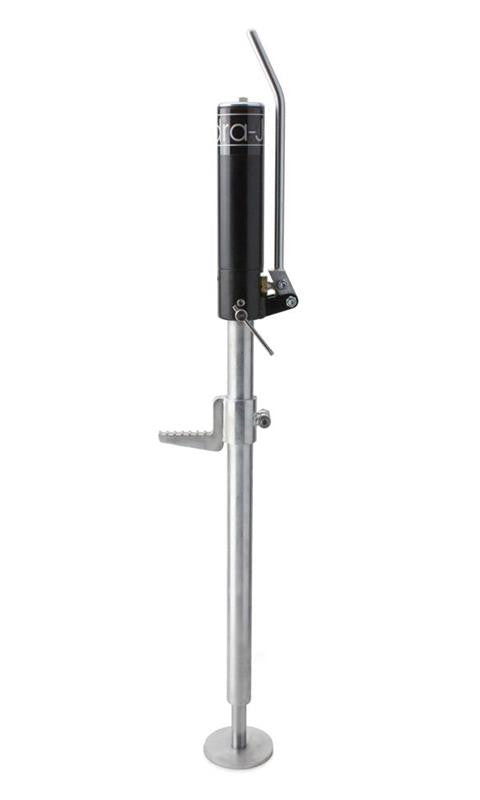 Radflo Hydra JAC-48 hydraulic jack with black pump and silver adjustable base, isolated on white background.