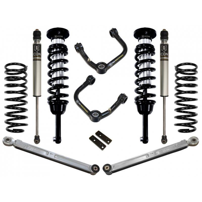 Complete Icon Stage 3 tubular suspension system with shocks, coil springs, control arms, and brackets for 2007-2009 Toyota FJ Cruiser.