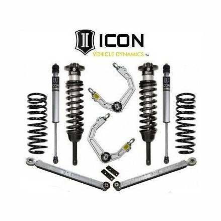 Icon Stage 3 billet 0-3.5 inch suspension system components for 2007-2009 Toyota FJ Cruiser, including shocks and control arms.