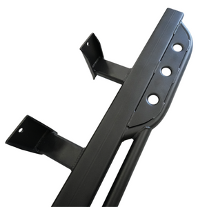 Close-up of black metal rock slider with mounting brackets for 2021 Ford Bronco 4-door, scratch and dent condition.