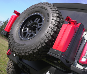 Close-up of Bronco 6G rear Aces High bumper by Metal Tech 4x4 with spare tire and red fuel cans mounted.