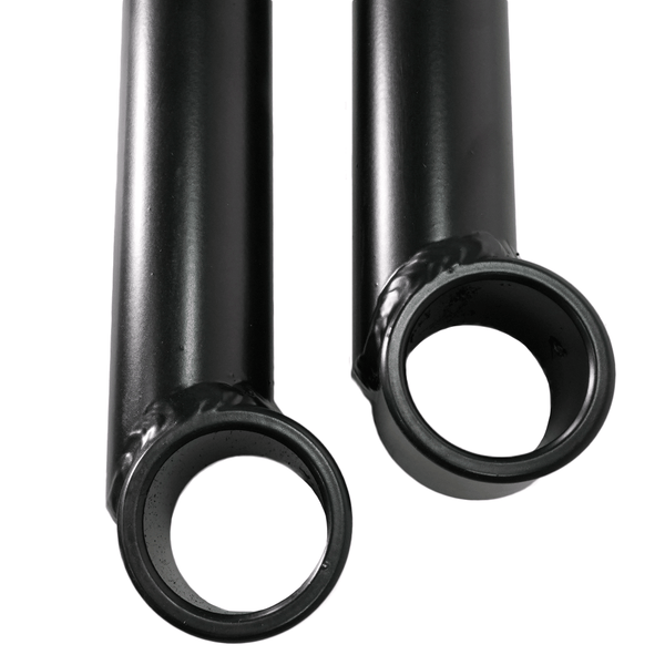 Close-up of black metal offset rear lower links for 2001-2007 Toyota Sequoia with welded circular mounts.