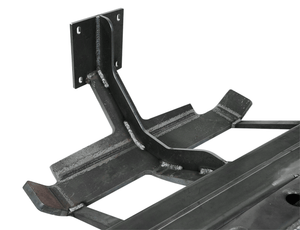 Close-up of black steel rock slider bracket with welded reinforcements for 80 Series Land Cruiser LX450.