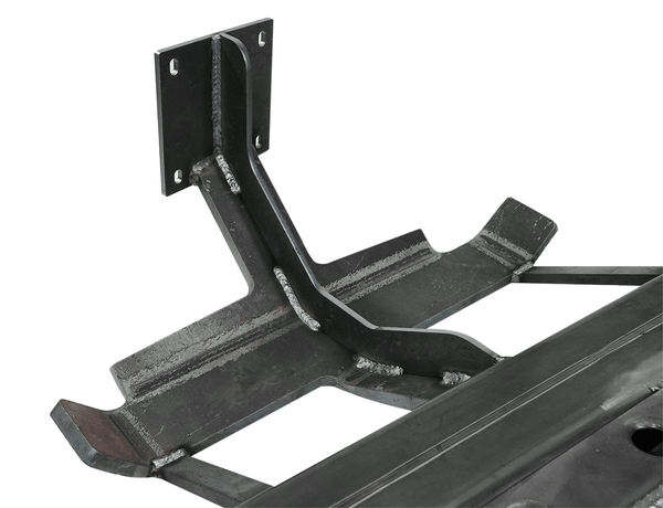 Close-up of black steel rock slider bracket with welded reinforcements for 80 Series Land Cruiser LX450.