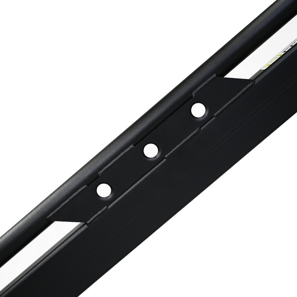 Close-up of black steel rock slider bracket with three mounting holes for 100 Series Land Cruiser LX470.